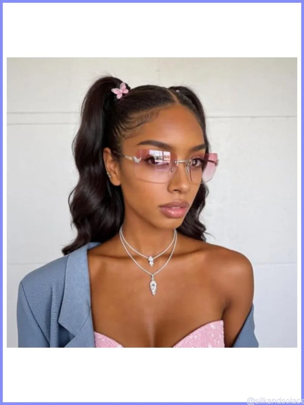 Y2K Rhinestone Butterfly Sunglasses UV400 Rimless Shield Festival